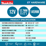 MAKITA TW141DZ CORDLESS IMPACT WRENCH 12V | 1/2" | 125W | 2600RPM | 145NM WITHOUT BATTERY & CHARGER