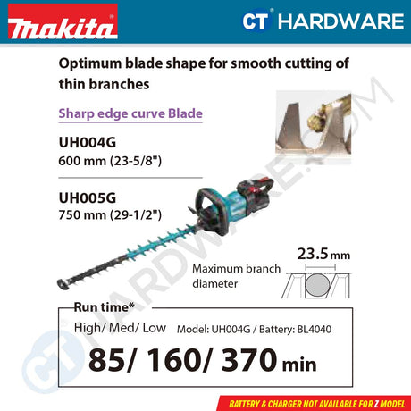 Makita UH004GM201/ GZ XGT 40Vmax Cordless Brushless Hedge Trimmer 3-Speed 600mm (Body Only | 2-Battery)
