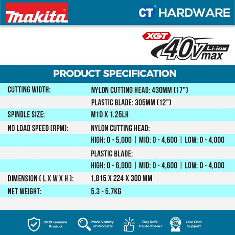MAKITA UR008 GM101 / GZ01 CORDLESS GRASS TRIMMER 40V 4.0AH NYLON HEAD 17"