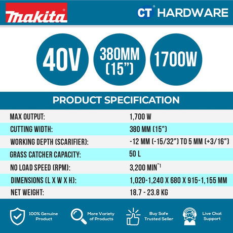 MAKITA UV001GZ CORDLESS SCARIFIER 40V | 15" | 1700W | 3200RPM | GRASS CATCHER 50L WITHOUT BATTERY & CHARGER