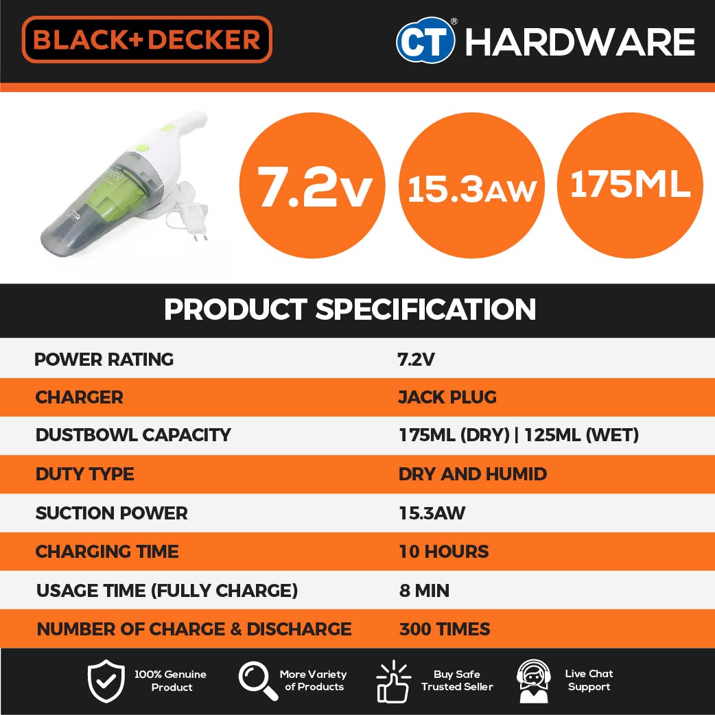 BLACK+DECKER  WD7201 CORDLESS 7.2V WET & DRY HAND VACUUM