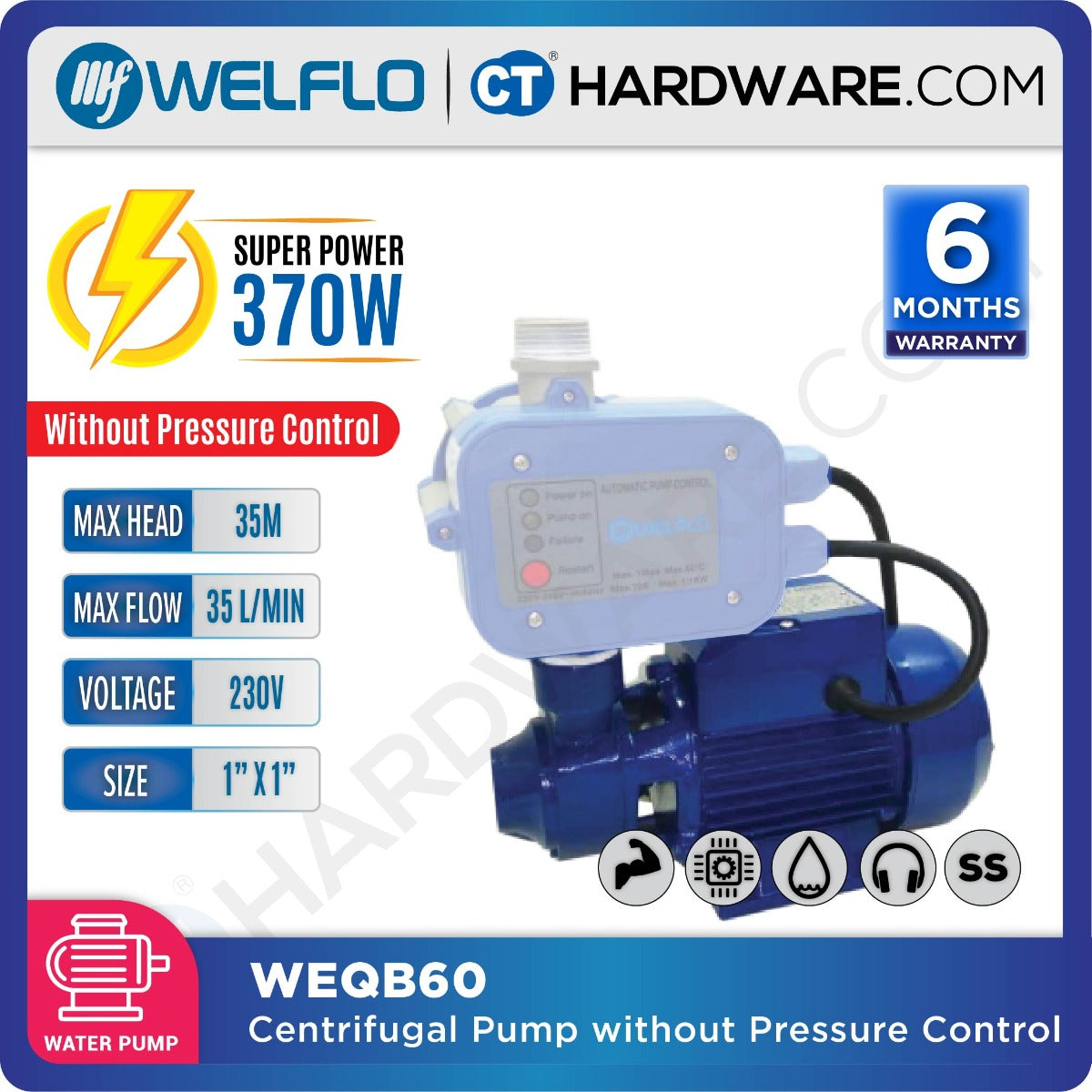 WELFLO WEQB60 CENTRIFUGAL PUMP 1" 370W 35L / MIN 30M / H [ BODY ONLY ]