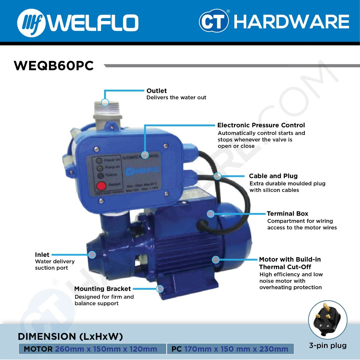 WELFLO WEQB60 CENTRIFUGAL PUMP 1" 370W 35L / MIN 30M / H [ BODY ONLY ]