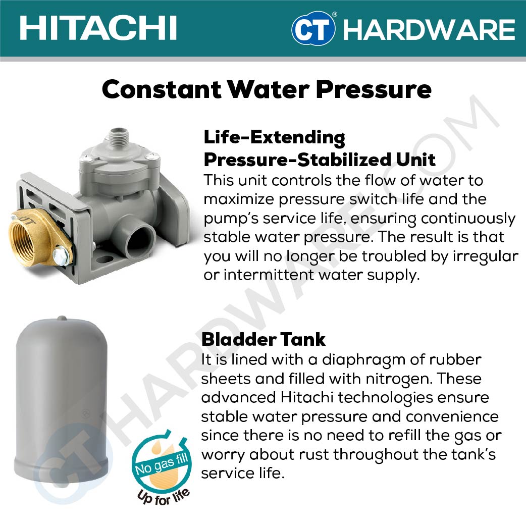 HITACHI WM-P300XS AUTOMATIC PUMP COMPACT TYPE - SHALLOW WELL 1" | 300W | 7M(S) | 35M(H) | 47L/MIN (  SQUARE TYPE ) [ WMP300XS ]