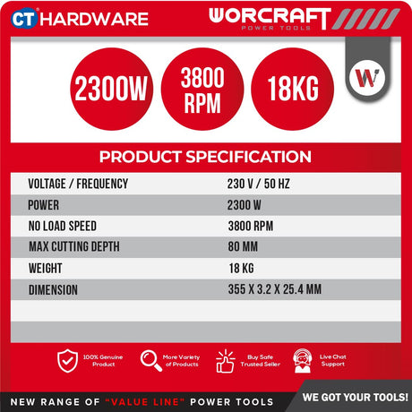 WORCRAFT CM23-355B CUT OFF MACHINE 2300W 4000RPM WITH SPINDLE LOCK FUNCTION (CM23355B)