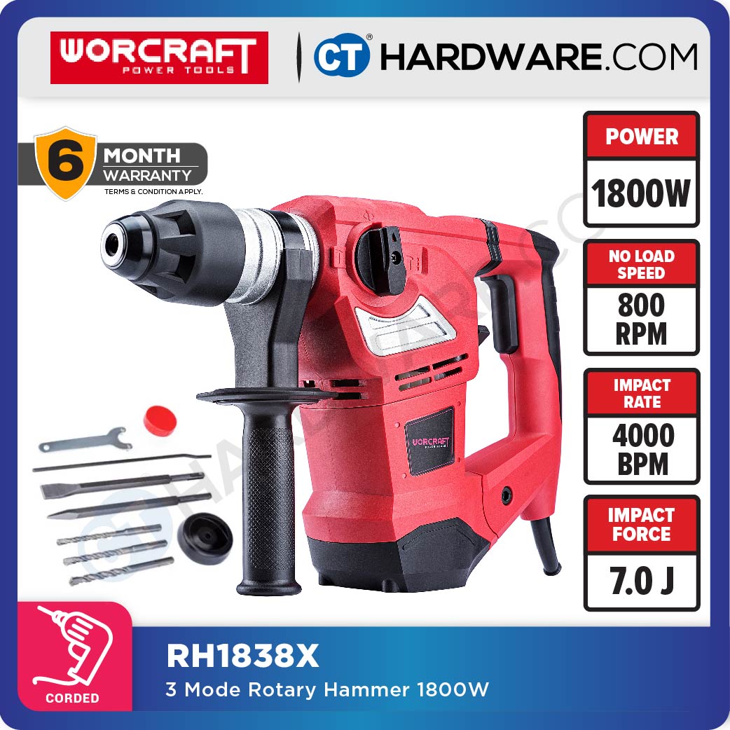 WORCRAFT RH18-38X CORDED ROTARY HAMMER 3-MODE | 1800W | 800RPM | SDS PLUS COME WITH ACCESSORIES ( RH1838X )