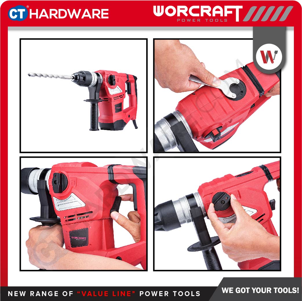 WORCRAFT RH18-38X CORDED ROTARY HAMMER 3-MODE | 1800W | 800RPM | SDS PLUS COME WITH ACCESSORIES ( RH1838X )