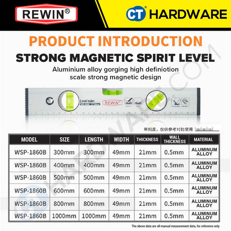 REWIN WSP1860B MAGNETIC ALUMINUM LEVEL 300MM | 400MM | 500MM | 600MM | 800MM | 1000MM