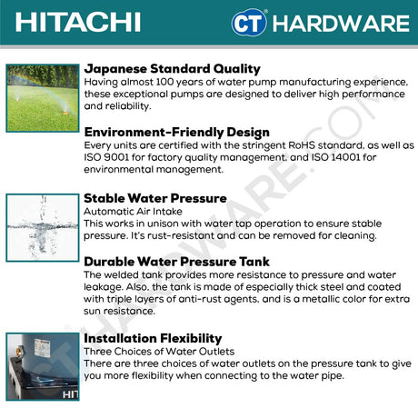 Hitachi WTP150XS AUTOMATIC WATER PUMP TANK TYPE FOR SHALLOW WELLS 1" | 150W | 46L/M | 8M/S | 14M/H (ROUND TYPE)