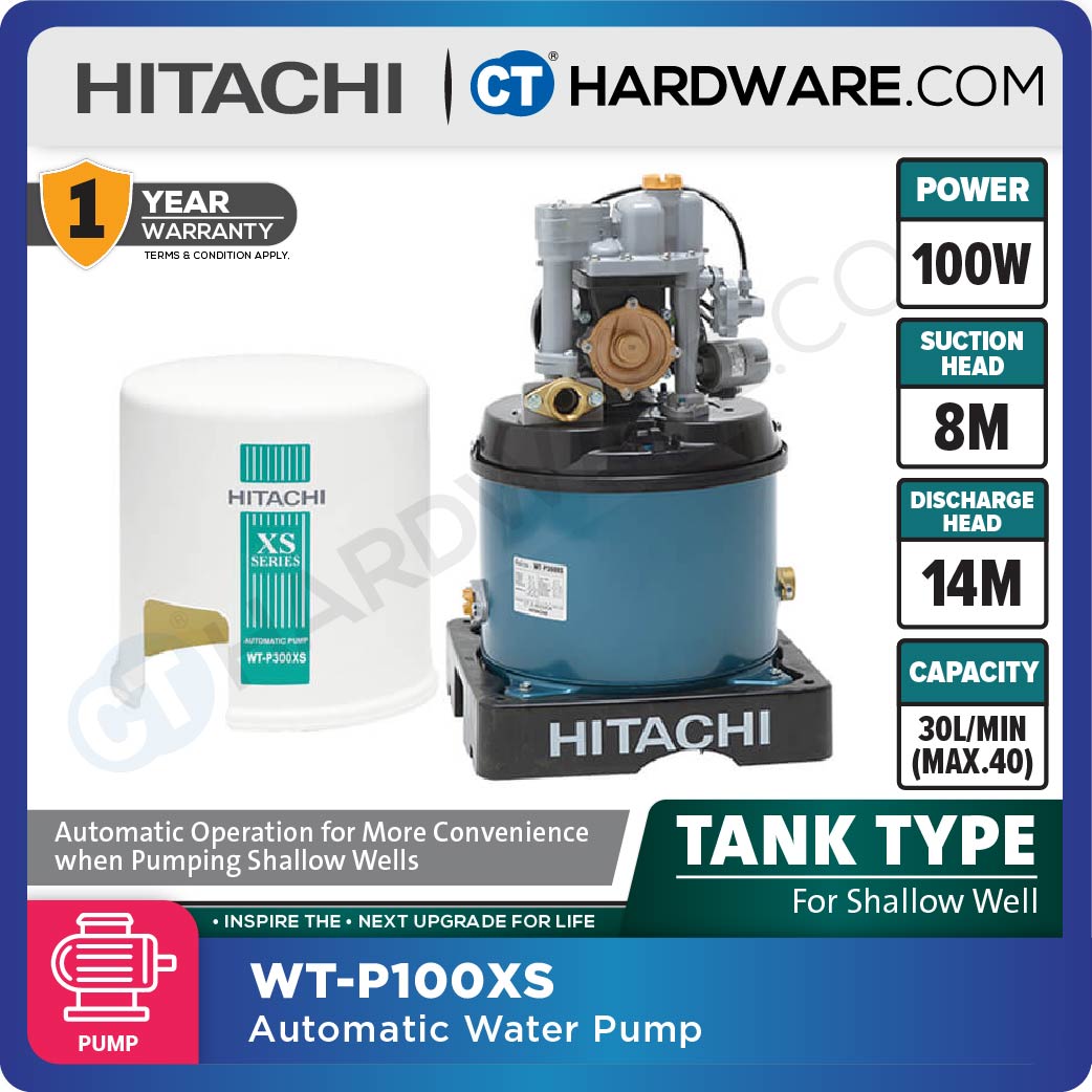 HITACHI WT-P100XS AUTOMATIC WATER PUMP TANK TYPE FOR SHALLOW WELLS 3/4" | 100W | 40L/M | 8M/S | 14M/H (ROUND TYPE) [ WTP100XS ]