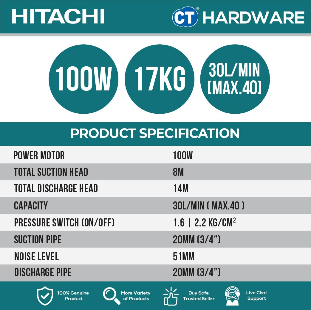 HITACHI WT-P100XS AUTOMATIC WATER PUMP TANK TYPE FOR SHALLOW WELLS 3/4" | 100W | 40L/M | 8M/S | 14M/H (ROUND TYPE) [ WTP100XS ]