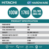 HITACHI WT-P100XS AUTOMATIC WATER PUMP TANK TYPE FOR SHALLOW WELLS 3/4" | 100W | 40L/M | 8M/S | 14M/H (ROUND TYPE) [ WTP100XS ]