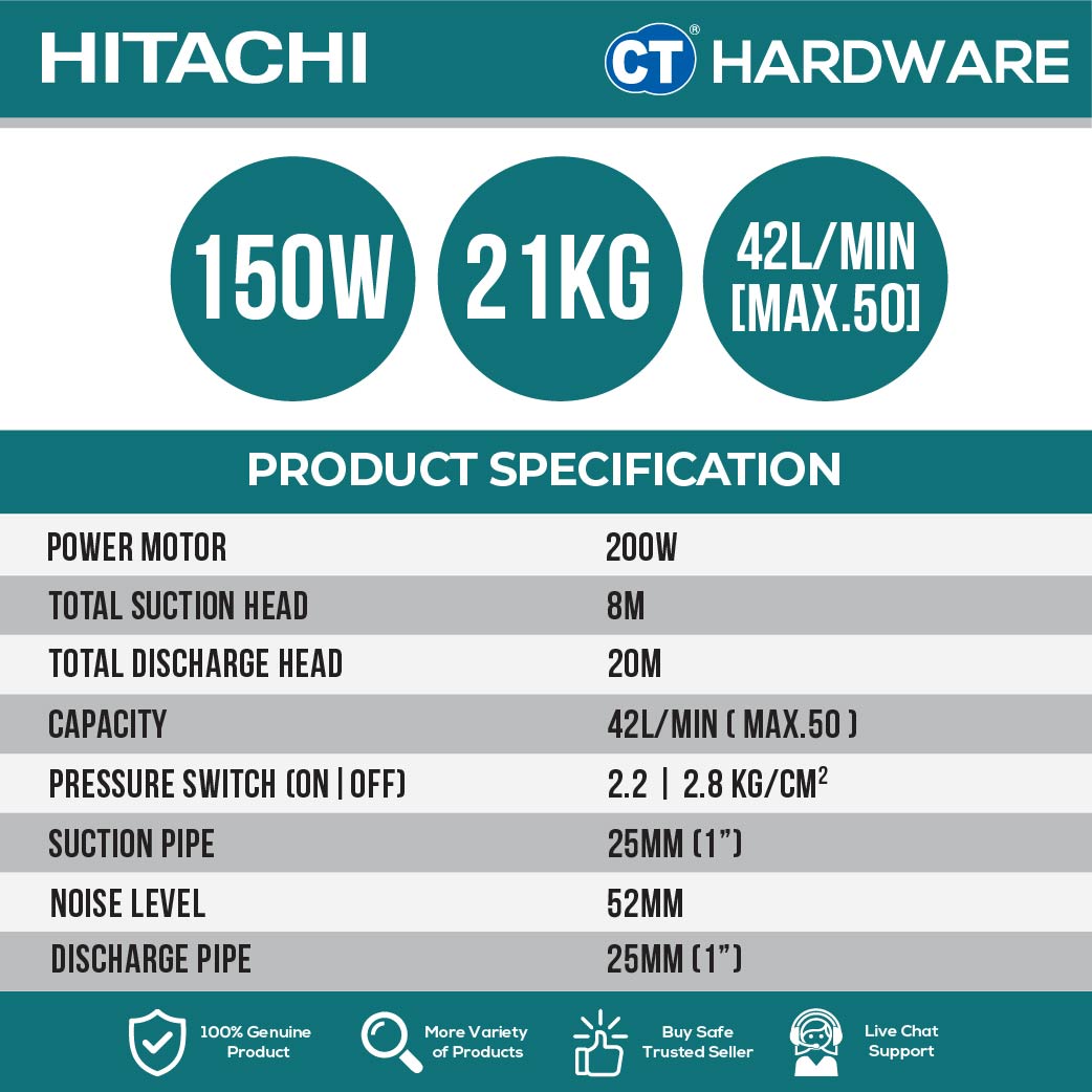 HITACHI WT-P200XS AUTOMATIC WATER PUMP TANK TYPE FOR SHALLOW WELLS 1" | 200W | 50L/M | 8M/S | 20M/H (ROUND TYPE) [ WTP200XS ]