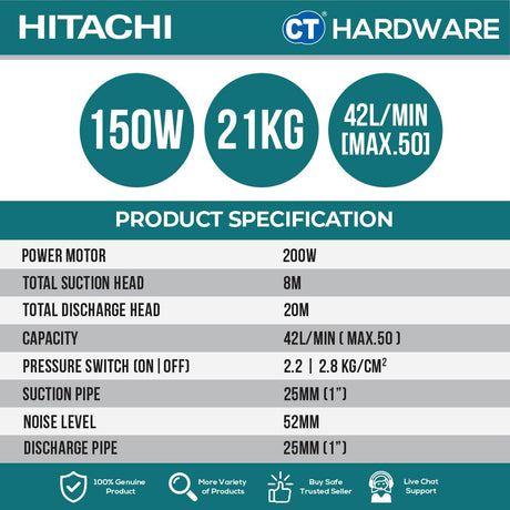 HITACHI WT-P200XS AUTOMATIC WATER PUMP TANK TYPE FOR SHALLOW WELLS 1" | 200W | 50L/M | 8M/S | 20M/H (ROUND TYPE) [ WTP200XS ]