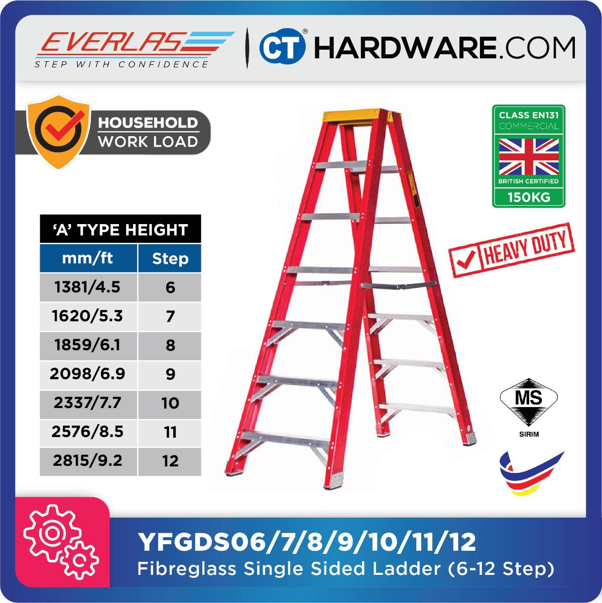 EVERLAS YFGDS FIBREGLASS DOUBLE SIDED LADDER FOR CONVINIENT ACCESS STEP: 6-12 HEIGHT: 1381MM - 2815MM