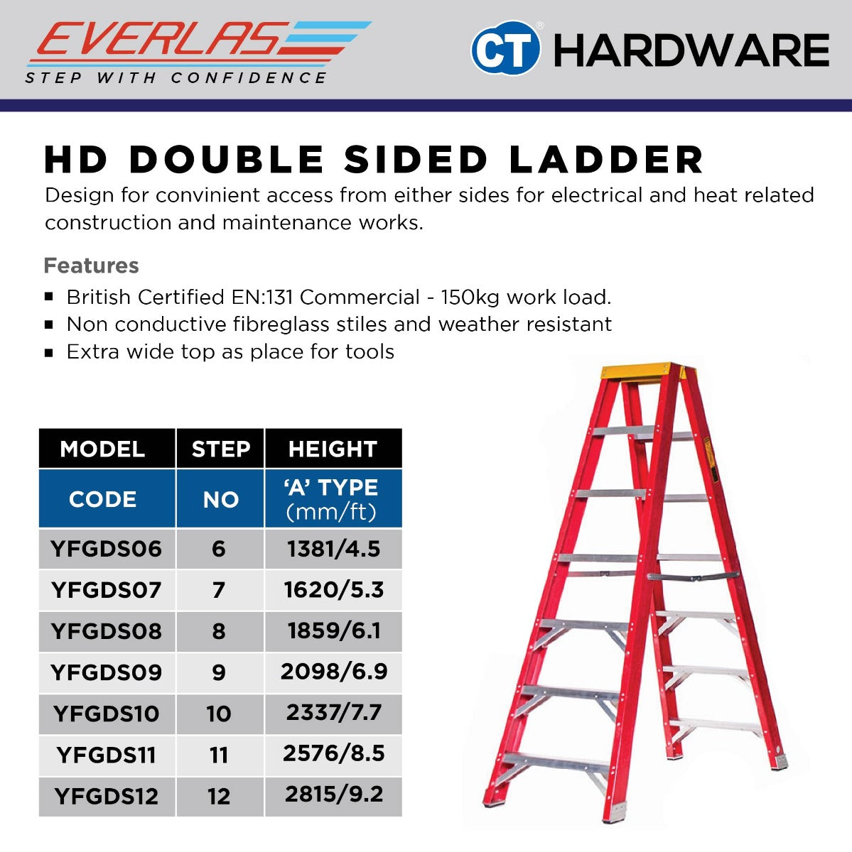 EVERLAS YFGDS FIBREGLASS DOUBLE SIDED LADDER FOR CONVINIENT ACCESS STEP: 6-12 HEIGHT: 1381MM - 2815MM