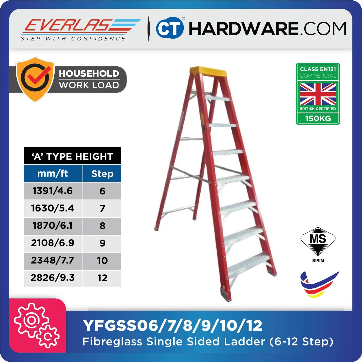 EVERLAS YFGSS FIBREGLASS SINGLE SIDED LADDER FOR ELECTRICAL AND HEAT RELATED STEP: 6-12 HEIGHT: 1391MM - 2826MM