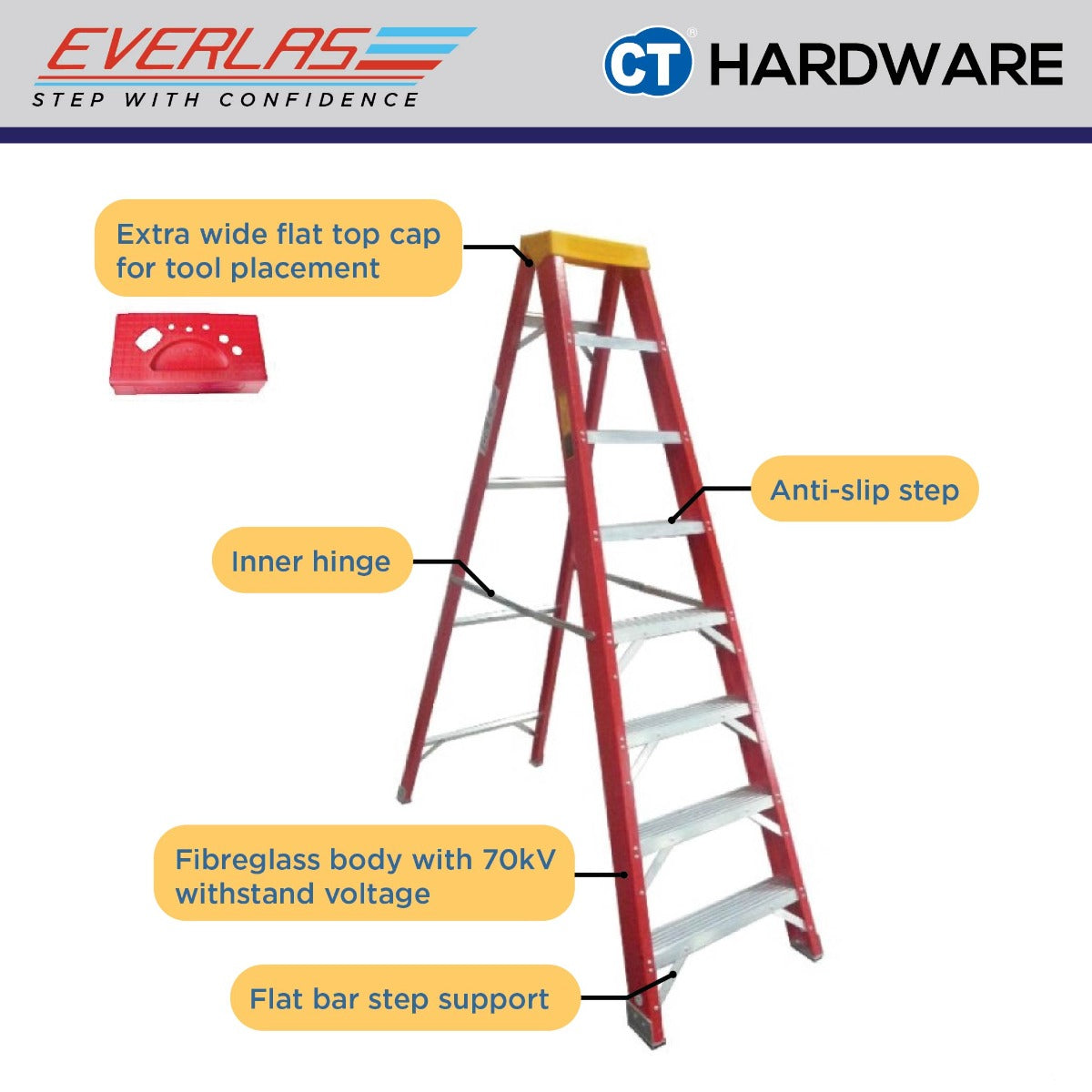 EVERLAS YFGSS FIBREGLASS SINGLE SIDED LADDER FOR ELECTRICAL AND HEAT RELATED STEP: 6-12 HEIGHT: 1391MM - 2826MM