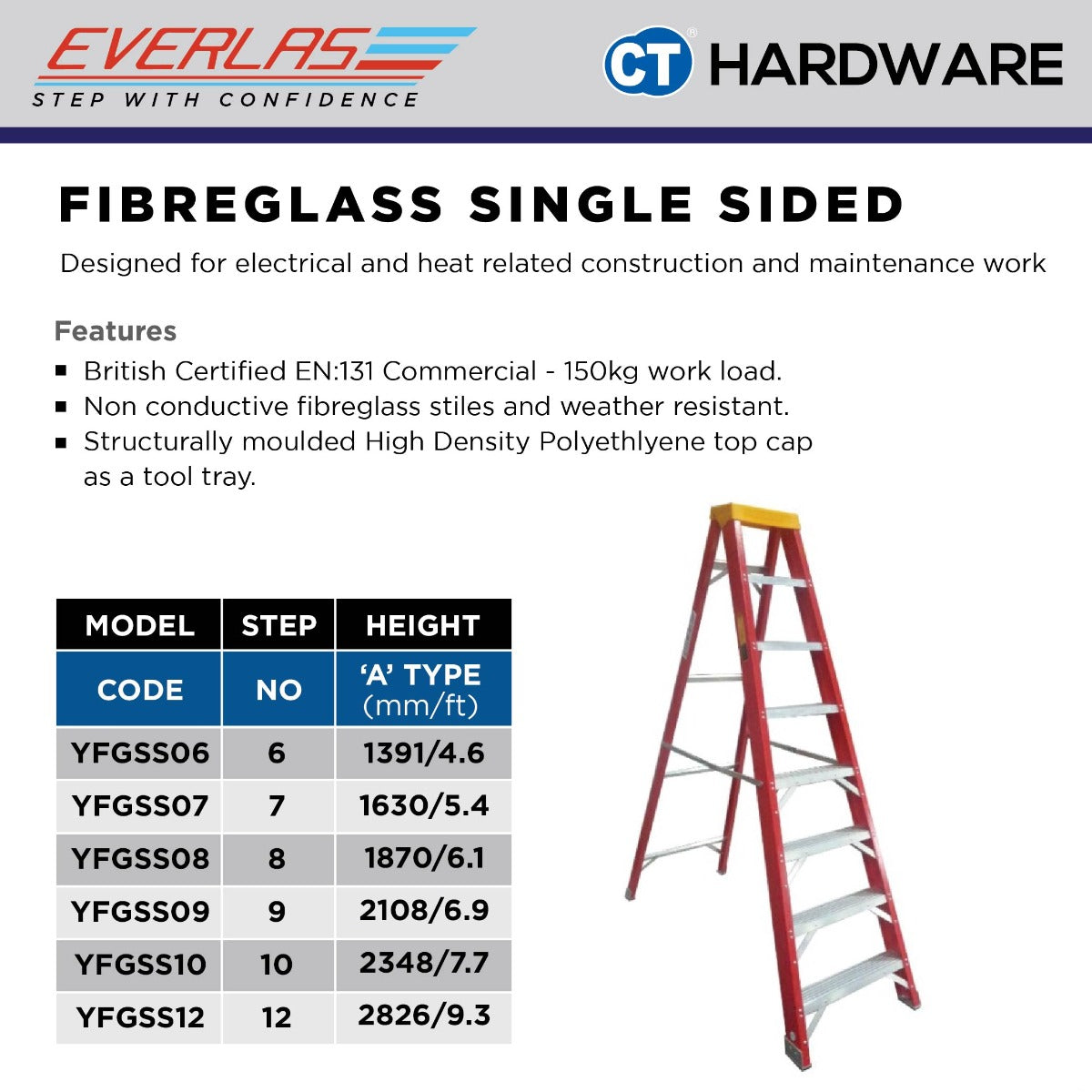 EVERLAS YFGSS FIBREGLASS SINGLE SIDED LADDER FOR ELECTRICAL AND HEAT RELATED STEP: 6-12 HEIGHT: 1391MM - 2826MM