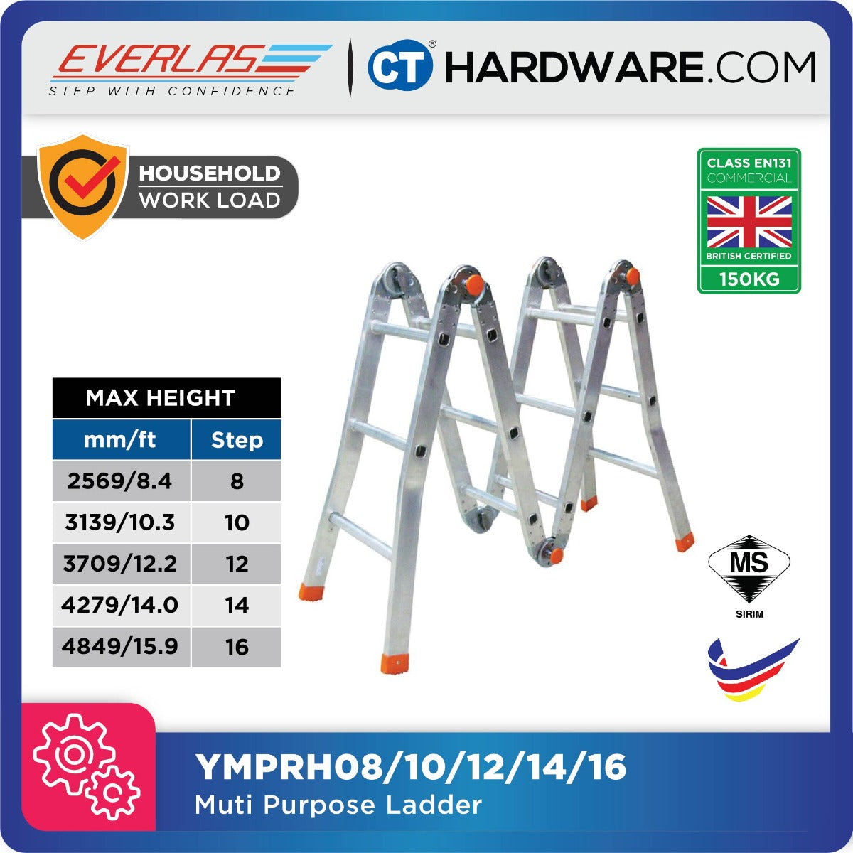 EVERLAS MPRH MULTI PURPOSE LADDER BRITISH CERTIFIED EN:131 FOR MULTIPLE APPLICATION STEP: 8-16 MAX HEIGHT: 2569MM - 4849MM