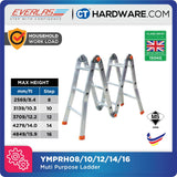 EVERLAS MPRH MULTI PURPOSE LADDER BRITISH CERTIFIED EN:131 FOR MULTIPLE APPLICATION STEP: 8-16 MAX HEIGHT: 2569MM - 4849MM