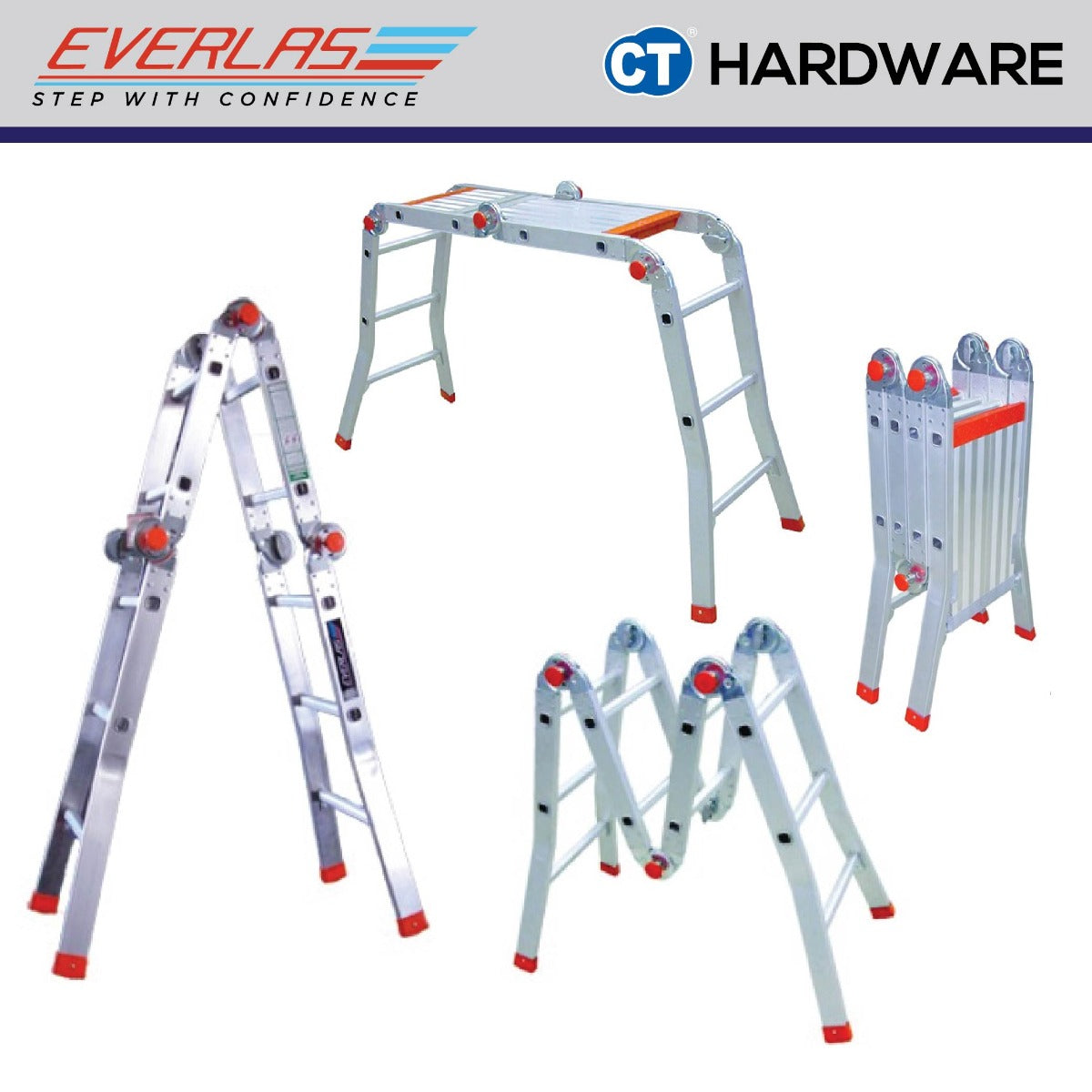 EVERLAS MPRH MULTI PURPOSE LADDER BRITISH CERTIFIED EN:131 FOR MULTIPLE APPLICATION STEP: 8-16 MAX HEIGHT: 2569MM - 4849MM