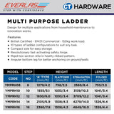 EVERLAS MPRH MULTI PURPOSE LADDER BRITISH CERTIFIED EN:131 FOR MULTIPLE APPLICATION STEP: 8-16 MAX HEIGHT: 2569MM - 4849MM