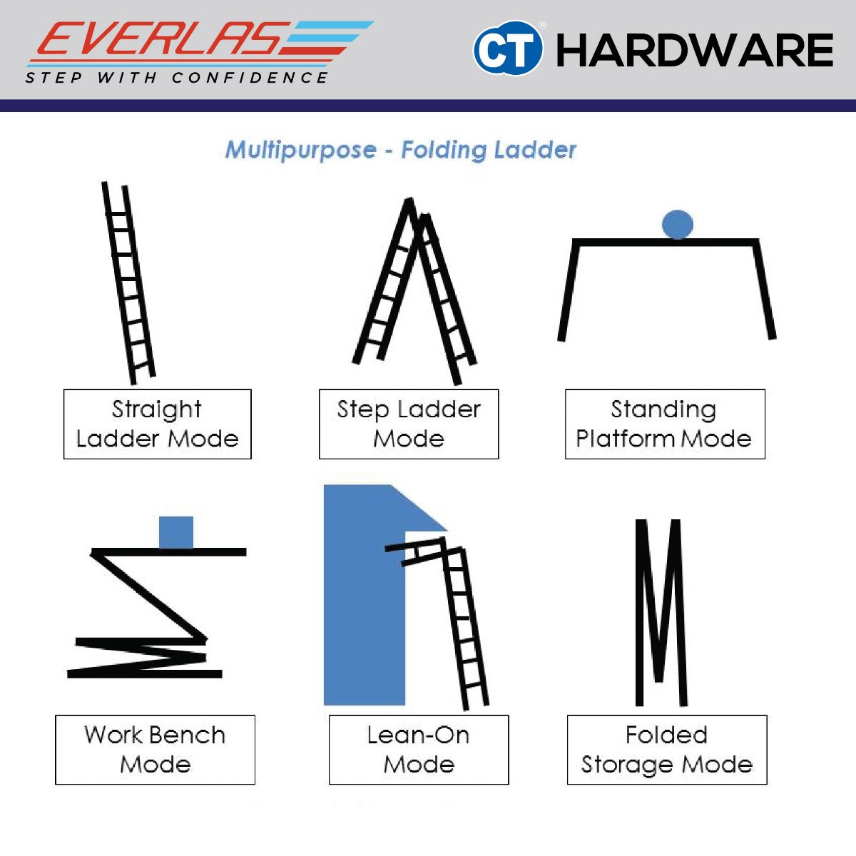 EVERLAS MPRH MULTI PURPOSE LADDER BRITISH CERTIFIED EN:131 FOR MULTIPLE APPLICATION STEP: 8-16 MAX HEIGHT: 2569MM - 4849MM