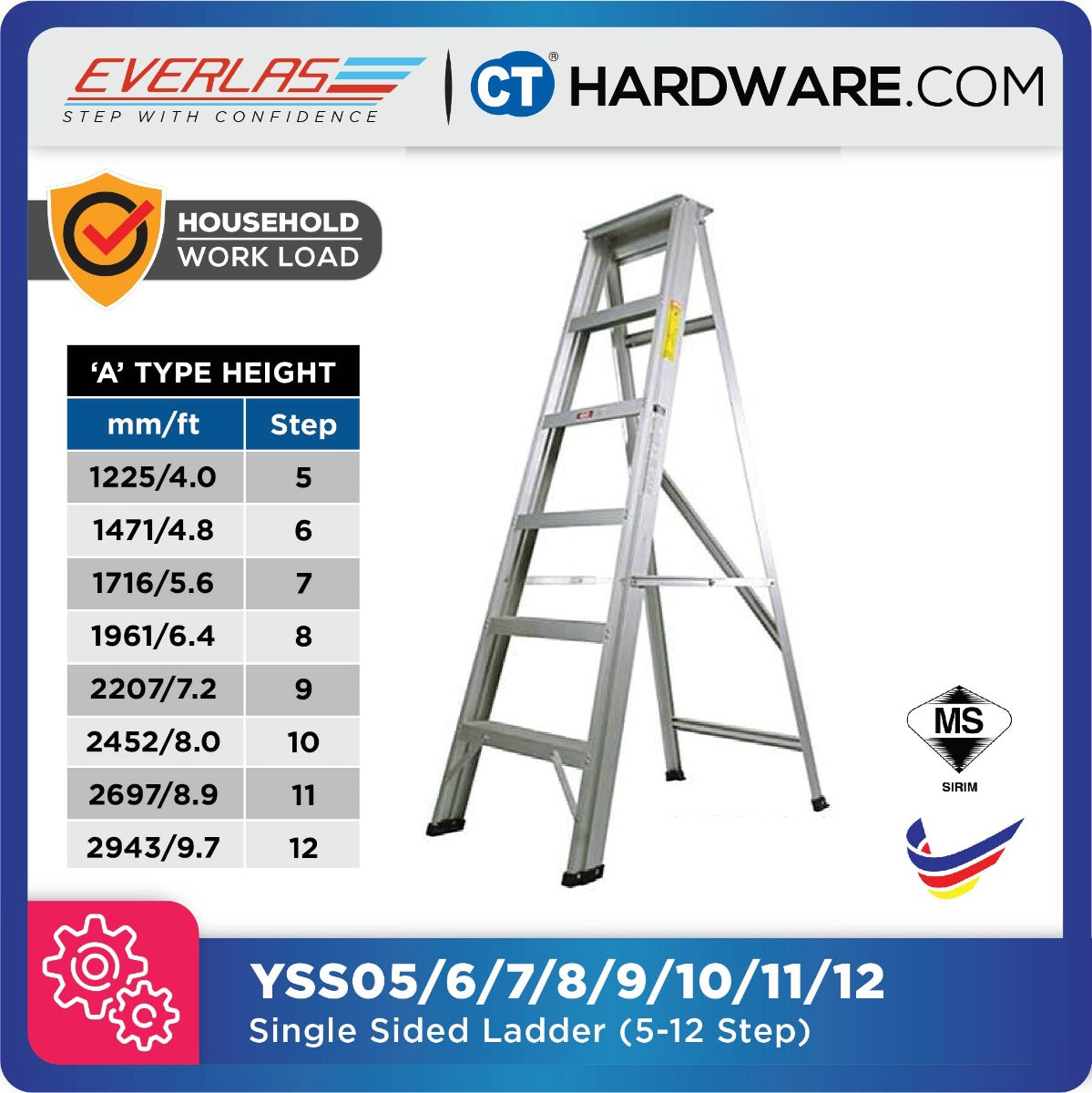 EVERLAS YSS SINGLE SIDED LADDER AVAILABLE STEP FROM 5 TO 12 STEPS FOR HOUSEHOLD APPLICATION