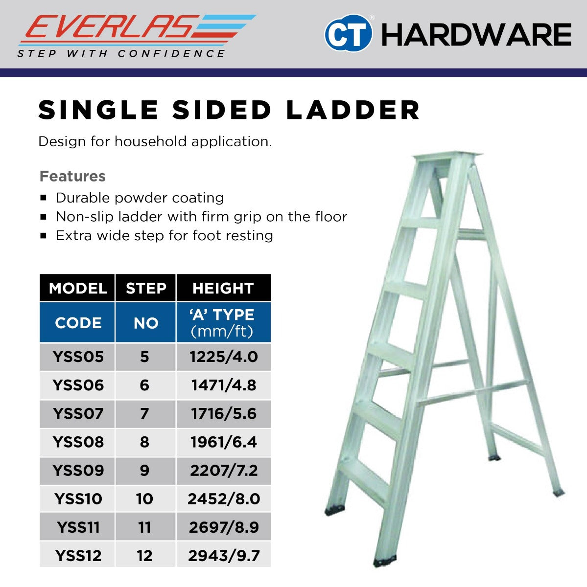 EVERLAS YSS SINGLE SIDED LADDER AVAILABLE STEP FROM 5 TO 12 STEPS FOR HOUSEHOLD APPLICATION