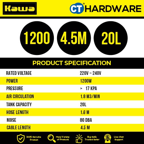Kawa ZD220920L Wet & Dry Vacuum Cleaner with Blower Function 1200W | 20L | 80dBA | 17KPA | HEPA FILTER