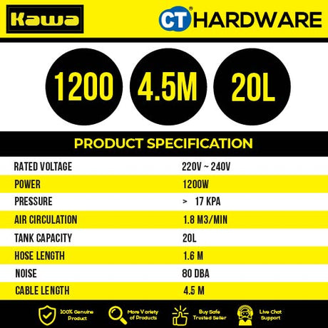 Kawa ZD220920L Wet & Dry Vacuum Cleaner with Blower Function 1200W | 20L | 80dBA | 17KPA | HEPA FILTER