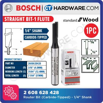 Bosch Carbide-Tipped Router Bit - Straight Bit, 1-flute (Diameter - 12.7mm) 2608628428 