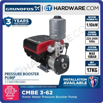 GRUNDFOS CMBE 3-62 HOME WATER PRESSURE BOOSTER PUMP 1.1KW | 1PH | 99953869 | I-U-C-G-D-A | 1" X 1" | 66M/H | 90L/M | 2L TANK 