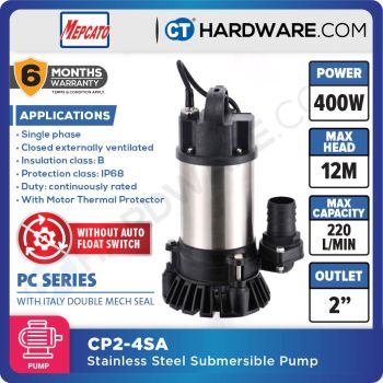 MEPCATO CP2.4SA STAINLESS STEEL SUBMERSIBLE PUMP 400W | 220L/MIN | 2" | 12M/H | 1PH | NON AUTO ( SITE DRAINAGE PUMP )WITH ITALY MECH SEAL [ CP24SA ]
