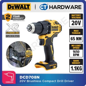 DEWALT DCD708N BRUSHLESS ATOMIC DRILL DRIVER 20V 13MM 200W 26-65NM 1650RPM WITHOUT BATTERY & CHARGER ( SOLO )