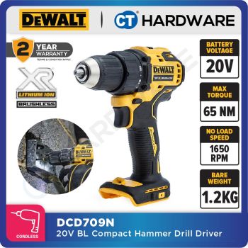 DEWALT DCD709N BRUSHLESS ATOMIC HAMMER DRILL DRIVER 20V 13MM 26-65NM 1650RPM WITHOUT BATTERY & CHARGER ( SOLO ) DCD709N2