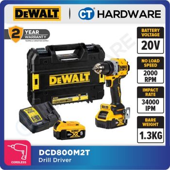 DEWALT DCD800M2T BRUSHLESS CORDLESS DRILL DRIVER 20V 4.0AH 13MM 2000RPM COME WITH 2 BATTERY 1 CHARGER