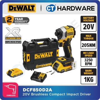 DEWALT DCF850D2A BRUSHLESS ATOMIC IMPACT DRIVER 20V 2.0AH 205NM 3250RPM COME WITH 2 BATTERY 1 CHARGER