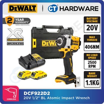 DEWALT DCF922D2 CORDLESS BRUSHLESS ATOMIC IMPACT WRENCH 1/2" 20V 2.0AH COME WITH 2 BATTERY 1 CHARGER