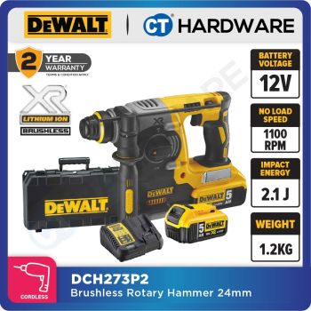 DEWALT DCH273P2 BRUSHLESS ROTARY HAMMER 3 MODE 20V 5.0AH 24MM 2.4J 1100RPM COME WITH 2 BATTERY 1 CHARGER