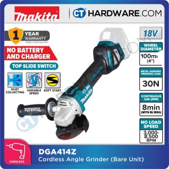 MAKITA DGA414Z CORDLESS ANGLE GRINDER 18V 4" 3000-8500RPM W/O BATT & CHARGER ( SOLO ) TOP SLIDE SWITCH