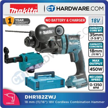 MAKITA DHR182ZWJ CORDLESS COMBINATION HAMMER C/W DUST EXTRACTION SYSTEM SET 18V 1350RPM WITHOUT BATT & CHARGER