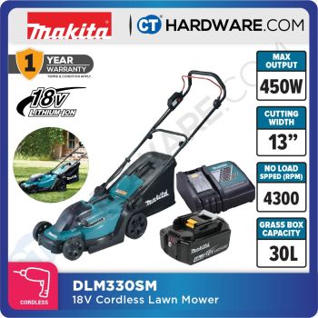 MAKITA  DLM330SM CORDLESS LAWNMOWER 13" 18V 450W 4300RPM 30L COME WITH 1PC 18V 4.0AH BATTERY & 1PC CHARGER [ CNY PROMO 2024 ]