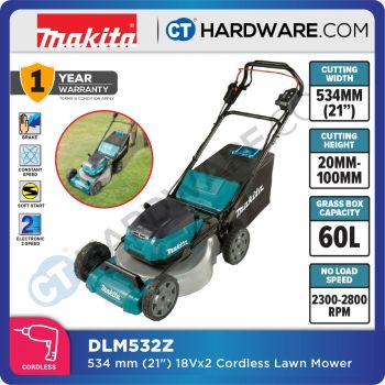 MAKITA DLM532Z CORDLESS LAWN MOWER 18V X 2 2300-2800RPM GRASS BOX 60L WITHOUT BATTERY & CHARGER ( SOLO )