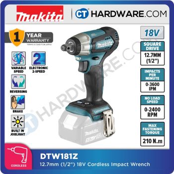 MAKITA DTW181RFE/ Z CORDLESS IMPACT WRENCH 18V 3.0AH 1/2" 2400RPM 210NM WITH 2 BATT & 1 CHARGER ( BL MOTOR )