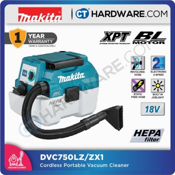 MAKITA DVC750LZX1 CORDLESS PROTABLE VACUUM CLEANER 18V 1.6M3/MIN 6.7KPA 7.5L 50W WITHOUT BATTERY & CHARGER, COME WITH ACCESSORIES