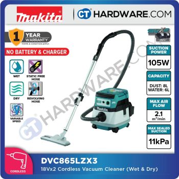 MAKITA DVC865LZX3 CORDLESS VACUUM CLEANER WET & DRY 18V X 2 105W 11KPA NO BATTERY & CHARGER ( SOLO )