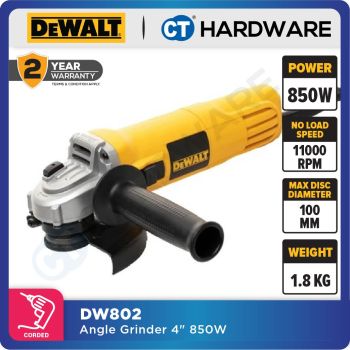 DEWALT DW802 ANGLE GRINDER 4" 850W 220-240V 100MM 1100RPM CORDED (SLIDER SWITCH)