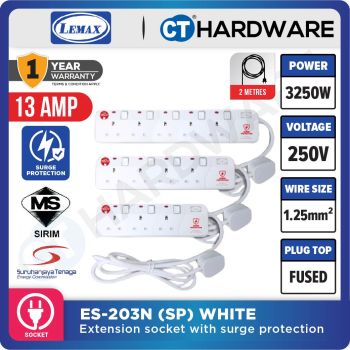 LMX ES203NSPW | ES204NSPW | ES205NSPW SOCKET 3 | 4 | 5 GANG 2 METER WITH SURGE PROTECTION & NEON INDICATOR 12A ( WHITE )